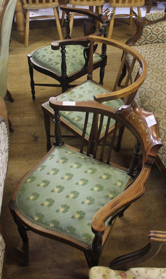 Edwardian inlaid mahogany corner chair & 2 others